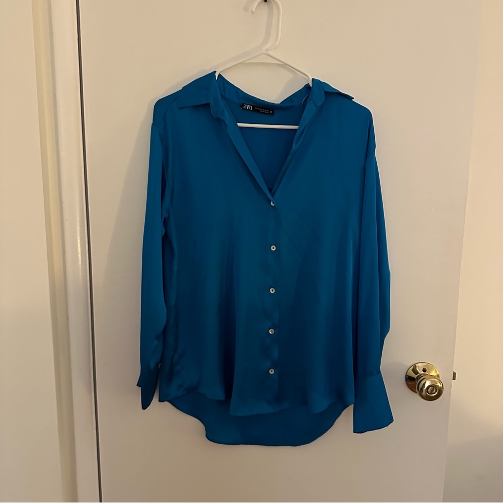 zara satin blue blouse